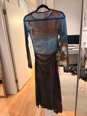 Sheer Tie-Dye Long Sleeve Mesh Dress in Blue and Brown